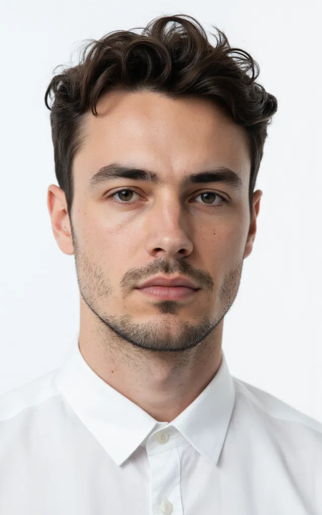 A French male model with a Van Dyke, wearing a shirt, against a white background, in a front   facing bust portrait